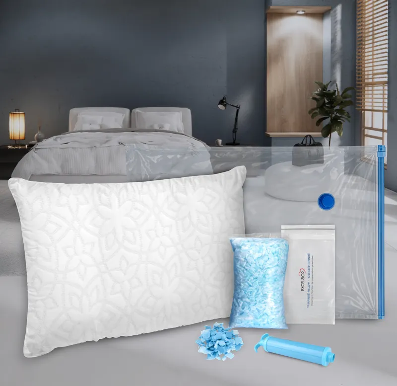 In the box: the pillow, extra fill, the vacuum travel bag and the pump.