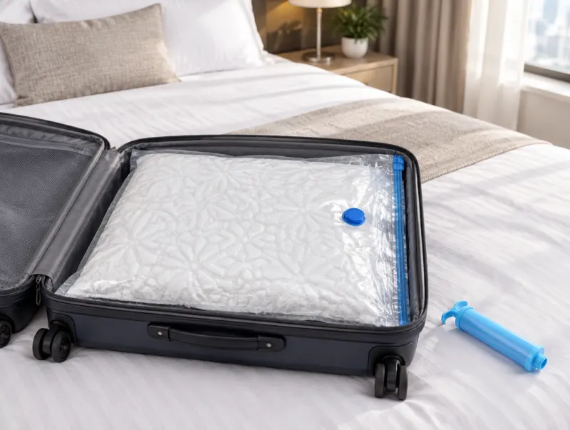 Vacuum bag and pump included: it fits in a suitcase.