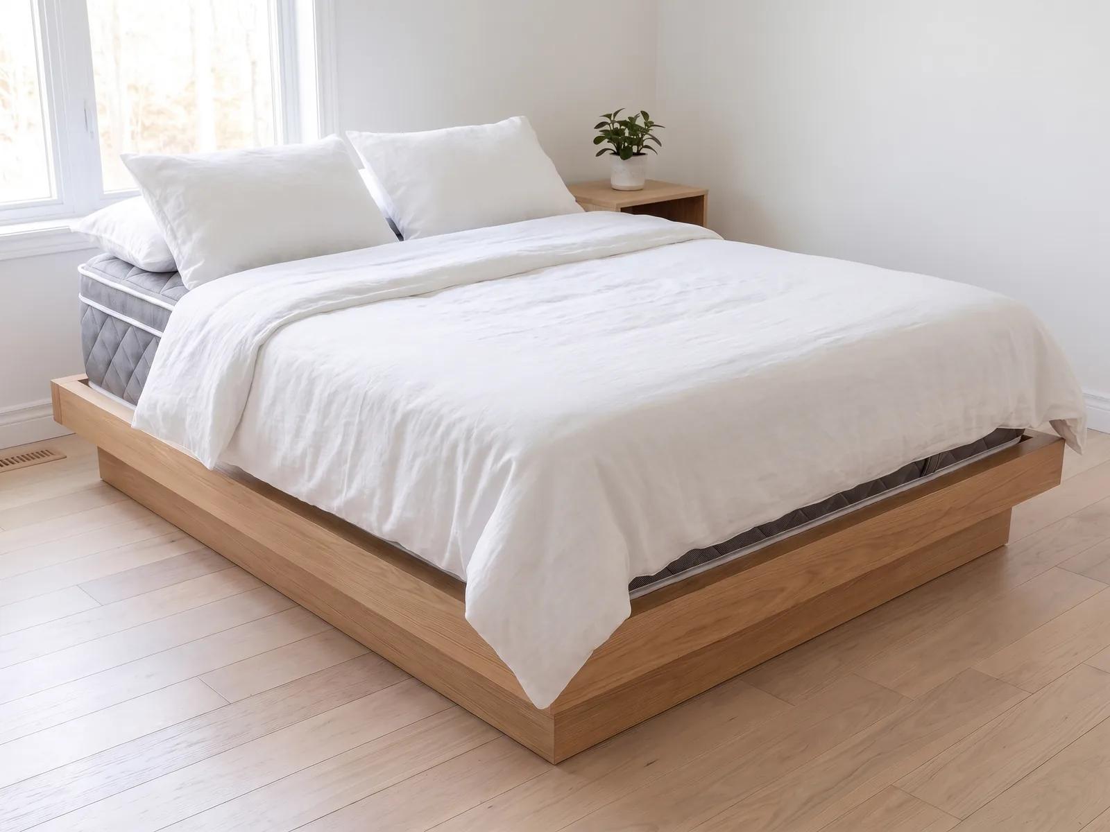 Matelas Bon Sommeil Essentiel, lit fait avec draps de lin (mise en situation).