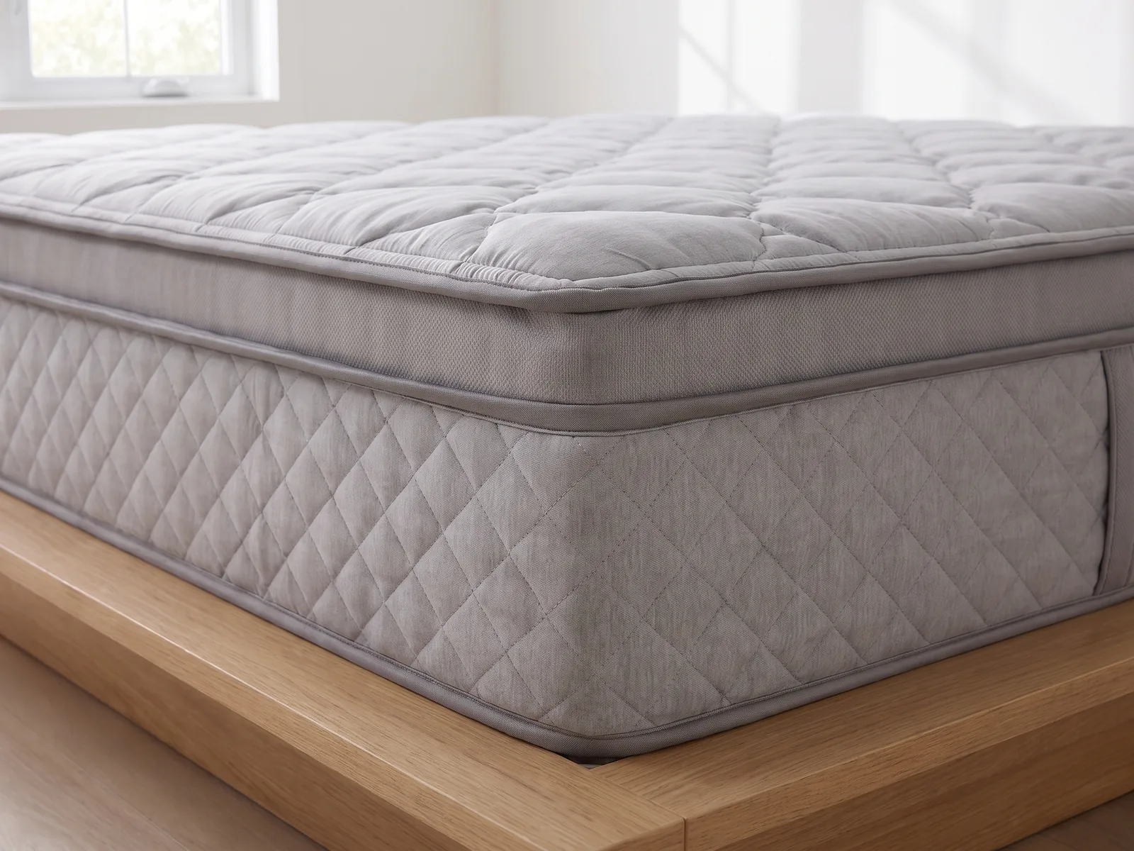 Détail du coin du matelas Impulsion : matelassage eurotop (plateau coussin) et bordure (mise en situation).