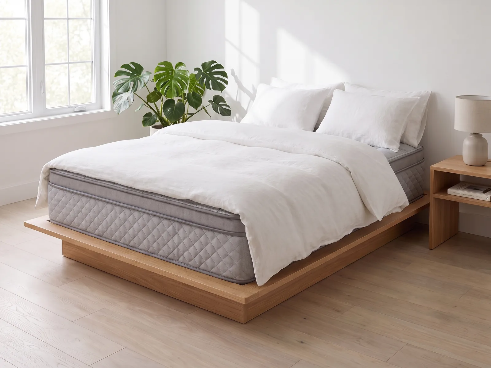 Matelas Bon Sommeil Impulsion, lit fait avec draps de lin (mise en situation).