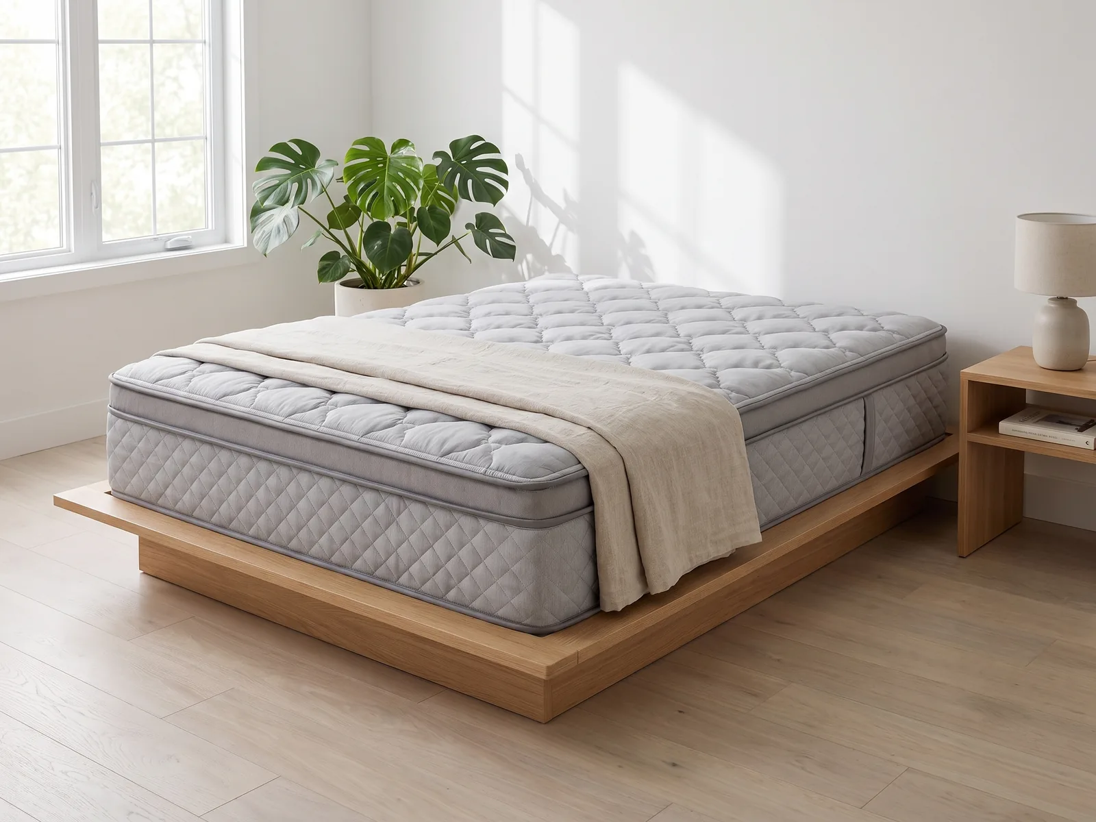 Matelas Bon Sommeil Impulsion sur une base de lit, dans une chambre lumineuse (mise en situation).