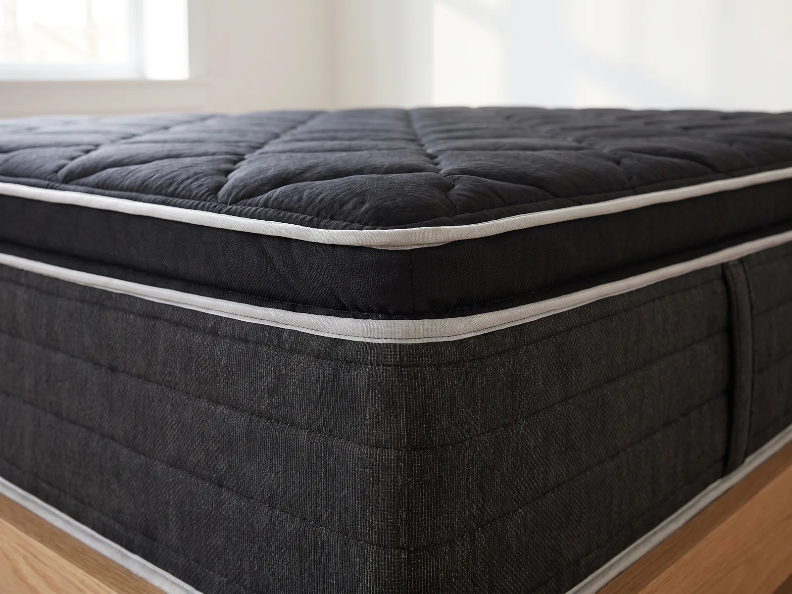 Détail du coin du matelas Legacy : matelassage eurotop (plateau coussin) et bordure (mise en situation).