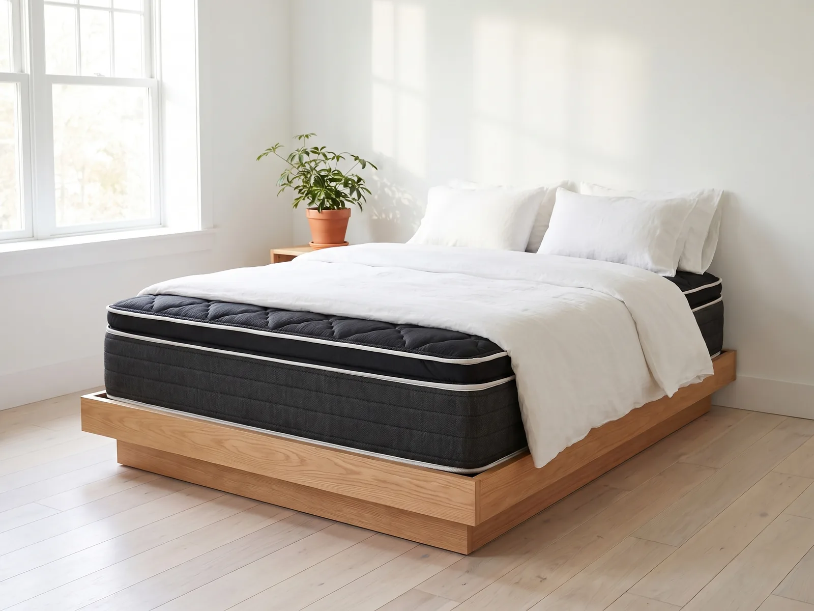 Matelas Bon Sommeil Legacy, lit fait avec draps de lin (mise en situation).