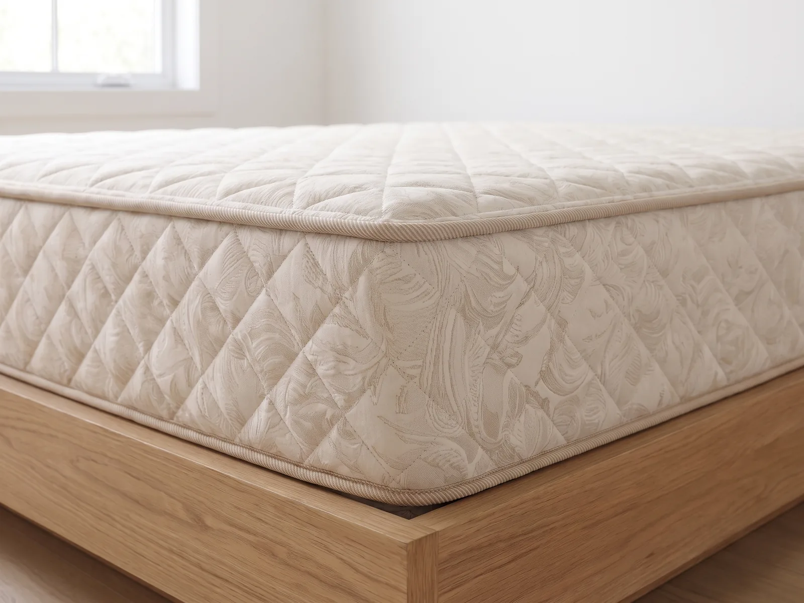 Détail du coin du matelas Levis : matelassage tight top (plateau régulier) et bordure (mise en situation).