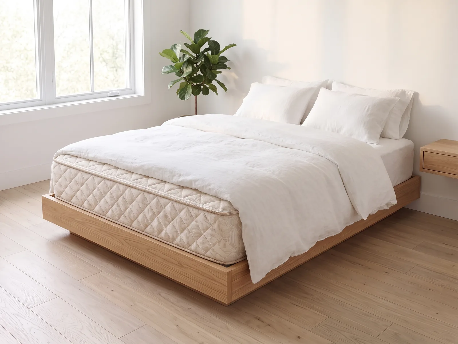 Matelas Bon Sommeil Levis, lit fait avec draps de lin (mise en situation).