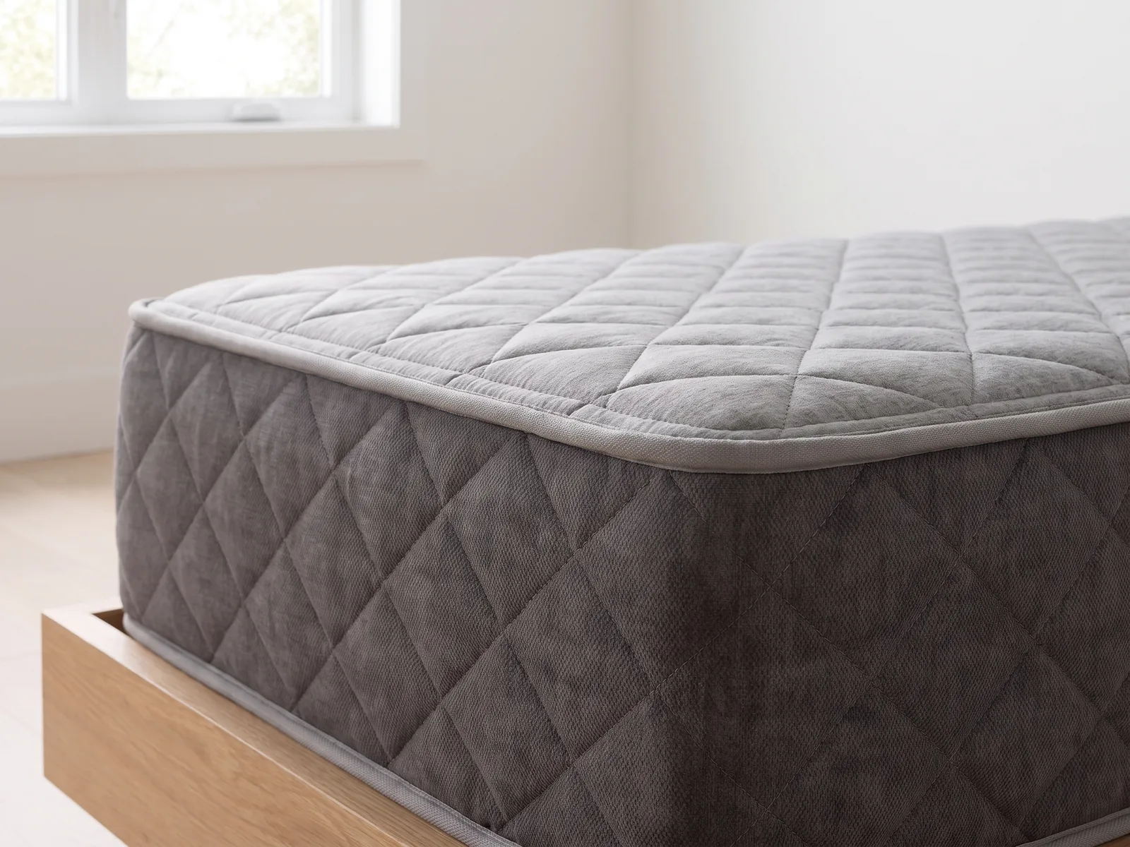 Détail du coin du matelas Ricardo : matelassage tight top (plateau régulier) et bordure (mise en situation).