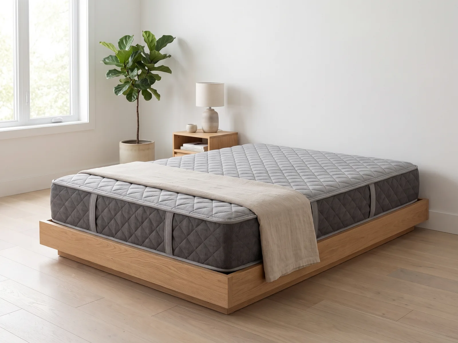 Matelas Bon Sommeil Ricardo sur une base de lit, dans une chambre lumineuse (mise en situation).