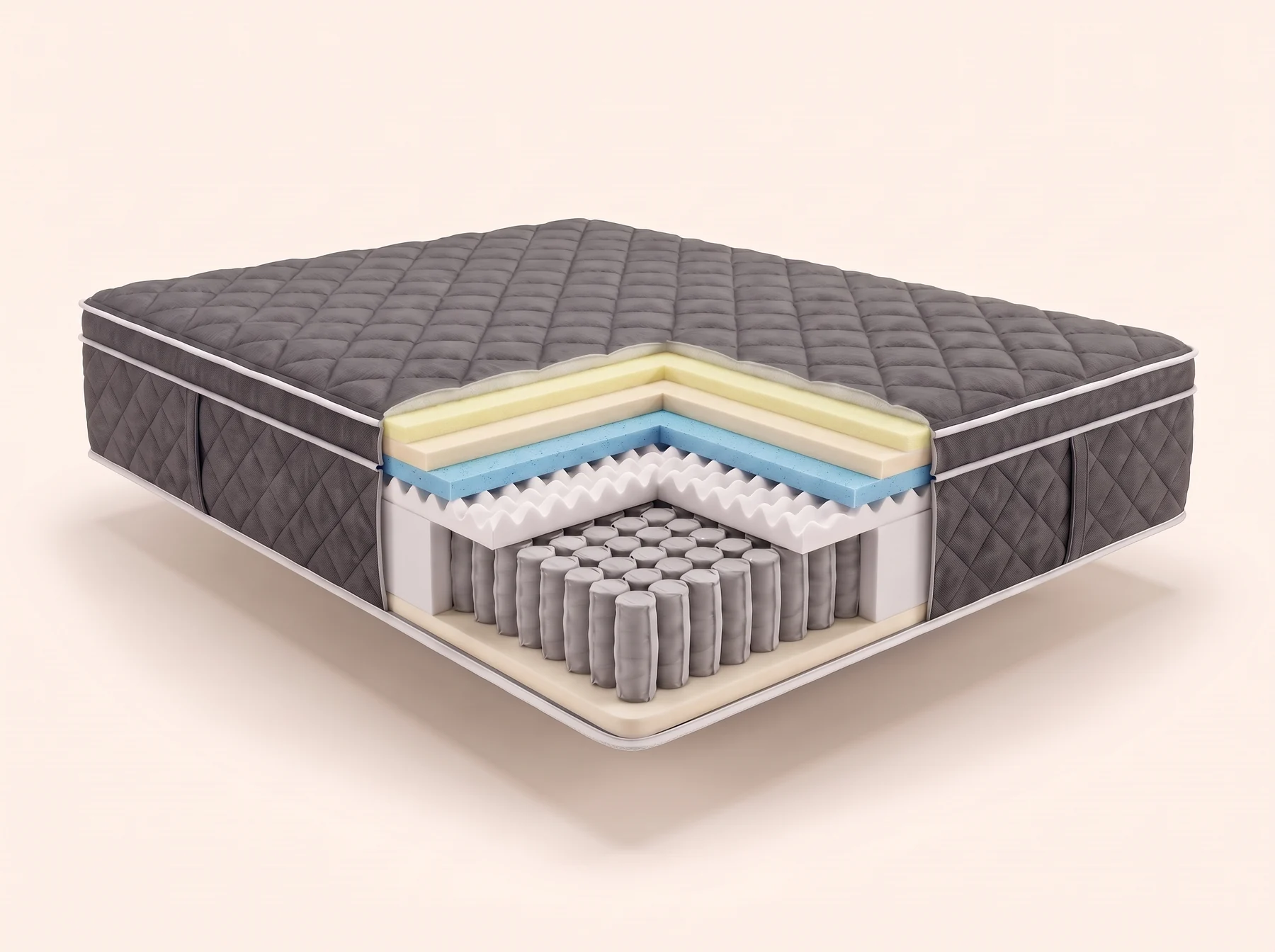 Illustration de construction du matelas Essentiel, Eurotop, plateau coussin, 11 po. Couches de haut en bas : Fibre polyester ¾ po ; Mousse moelleuse ½ po ; Mousse ½ po ; Mousse gel ½ po ; Mousse ondulée 1¾ po ; 850 ressorts ensachés Perimax zonés lombaires.