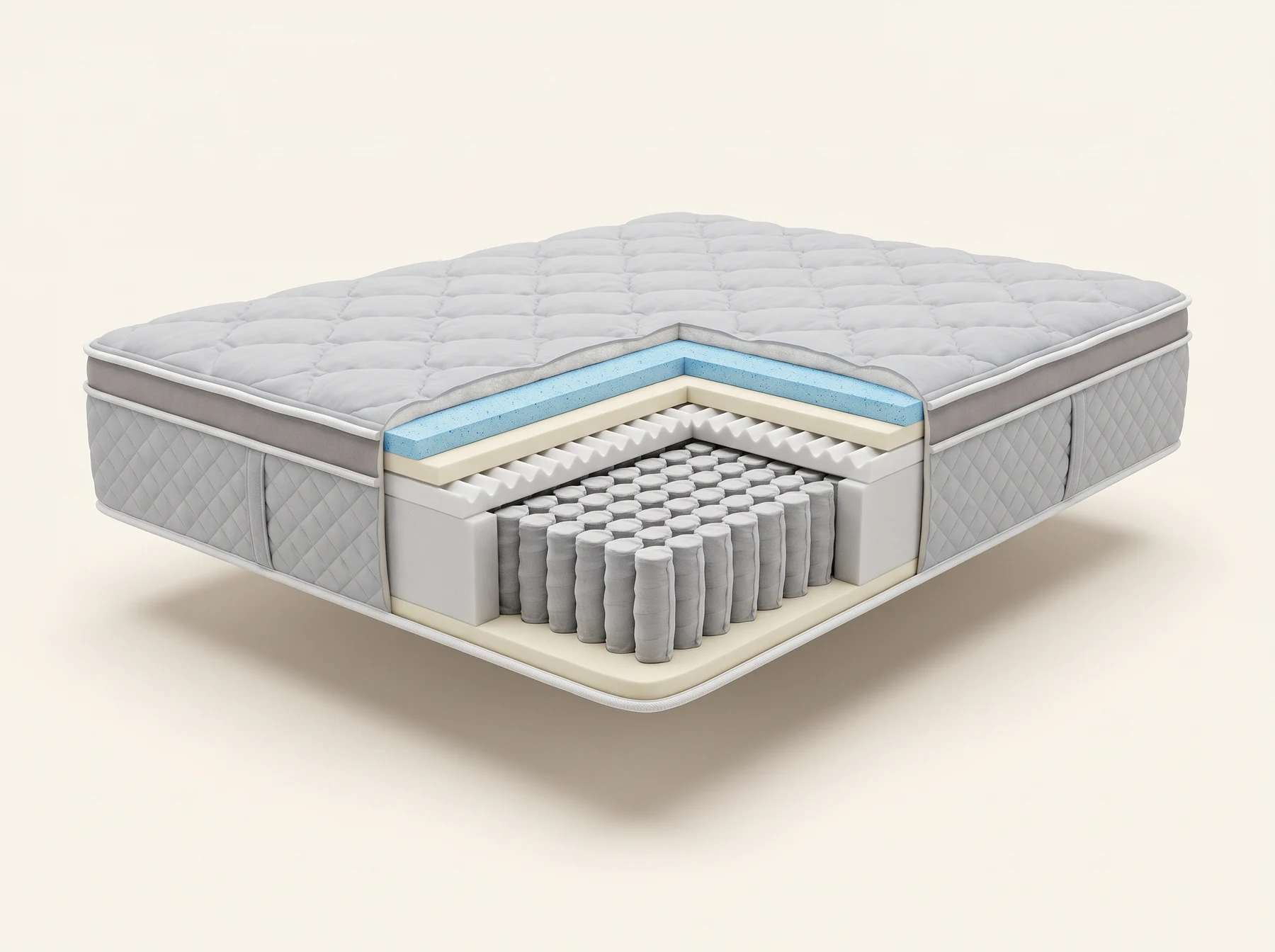 Illustration de construction du matelas Impulsion, Eurotop, plateau coussin, 10½ po. Couches de haut en bas : Fibre polyester ¾ po ; Mousse gel ½ po ; Mousse ½ po ; Mousse ondulée 1½ po ; 744 ressorts ensachés Perimax.