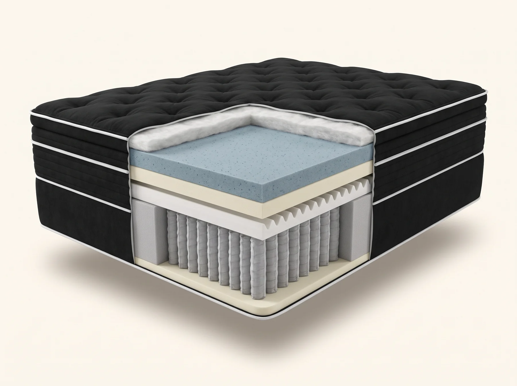 Illustration de construction du matelas Legacy, Eurotop, plateau coussin, 14 po. Couches de haut en bas : Fibre polyester ¾ po ; Mousse mémoire infusée de gel 2 po ; Mousse de transition ¾ po (1,8 lb) ; Mousse ondulée 1½ po ; 1 092 ressorts ensachés Perimax multizones, contours et centre renforcés.