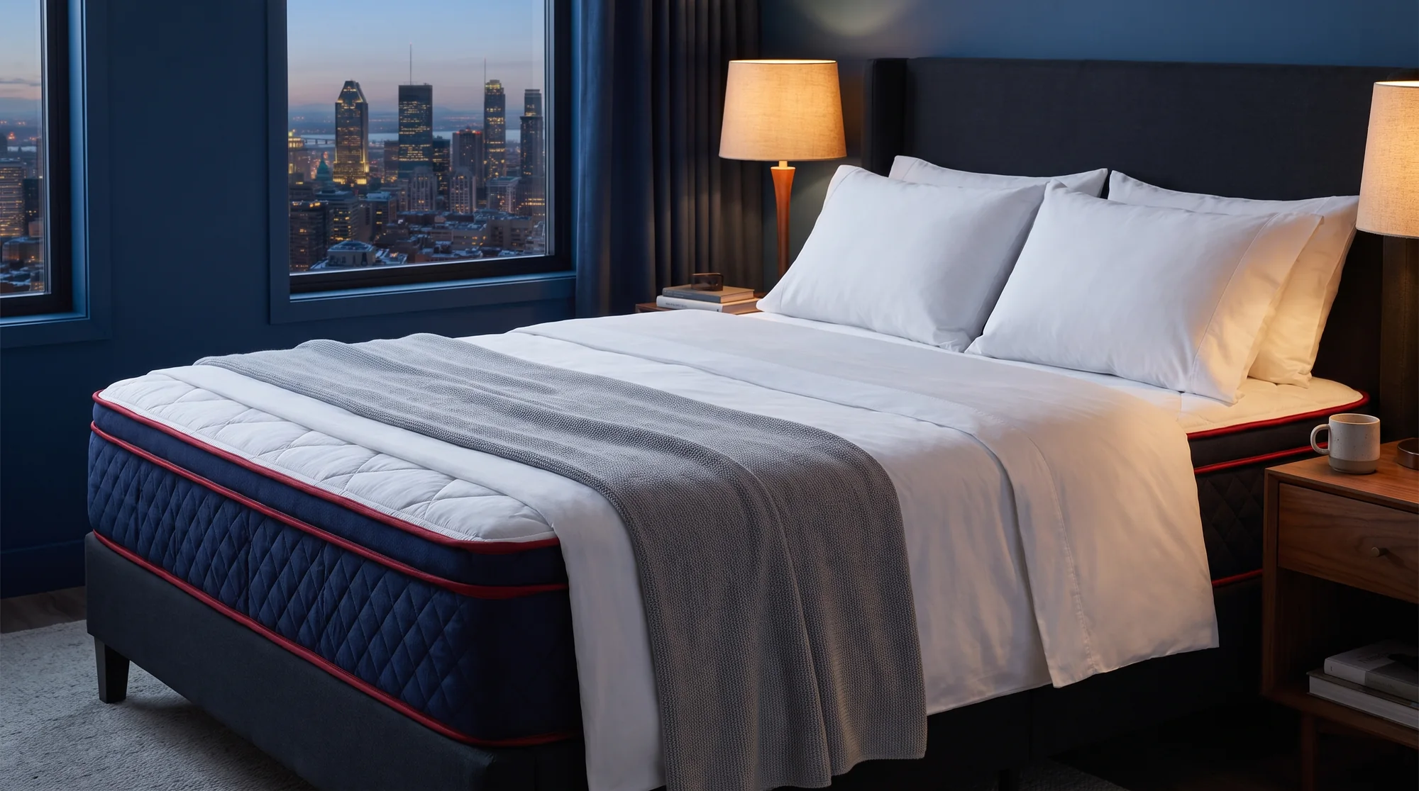 Chambre la nuit : un lit habillé d’un matelas Bon Sommeil bleu marine, prêt pour la nuit