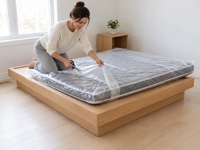 Une cliente coupe l’emballage du matelas encore aplati, posé sur son lit